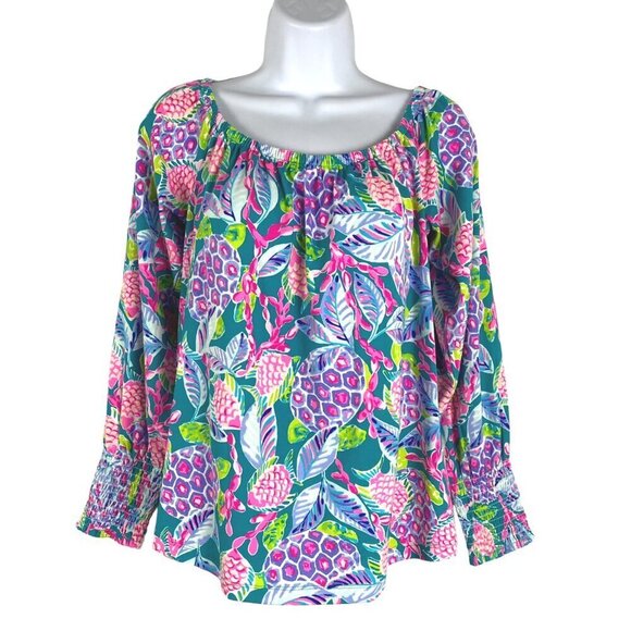 Lilly Pulitzer Lana‎ Top Maldives Green Turtle Wave Medium Off Shoulder CJ-1631 - Picture 3 of 11